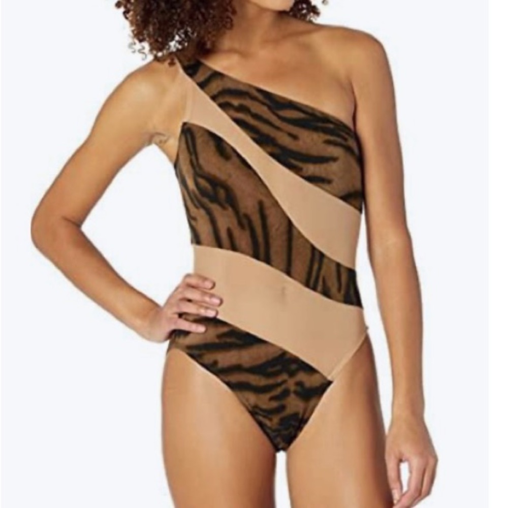 Norma Kamali Tan and Black One-Shoulder One Piece